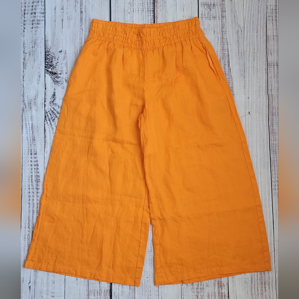 Anthropologie Bright Orange Crop Wide Leg Linen Pull On Pants Size Small NWT